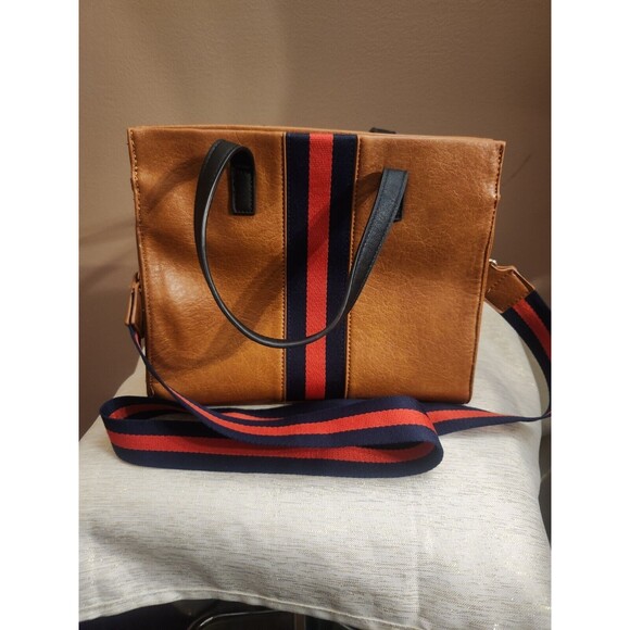 Mode Luxe Shoulder Bag Handbag Purse Brown Navy Red Stripe - Picture 6 of 6